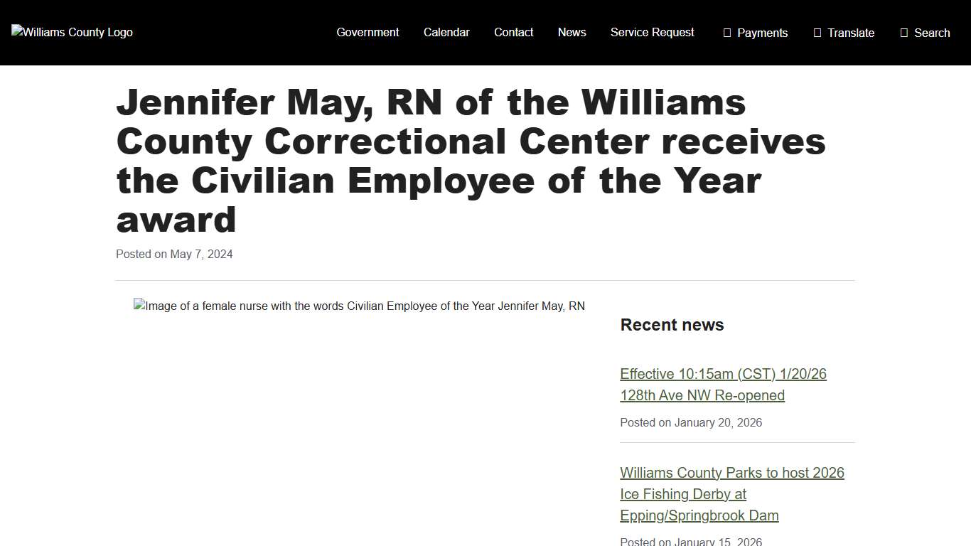 Jennifer May, RN of the Williams County Correctional Center receives the Civilian Employee of the Year award - Williams County, ND