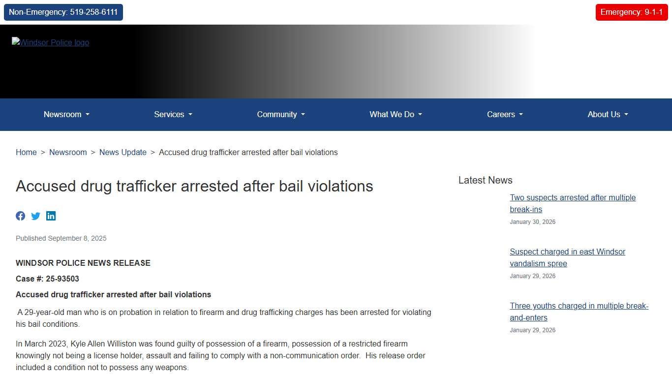 Accused drug trafficker arrested after bail violations Windsor Police Service